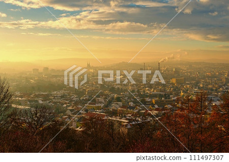 Brno city in the Czech Republic. Europe. Petrov - Cathedral of Saints Peter and Paul and Spilberk castle. Beautiful old architecture and a popular tourist destination. Photography of the city 111497307