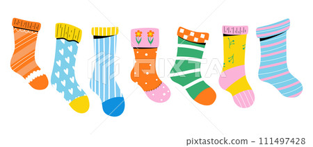 Baby socks with cute patterns and textures. Vector graphics. 111497428