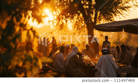 Arabian family eating iftar in Ramadan. Break fasting during Ramadan. 111497469