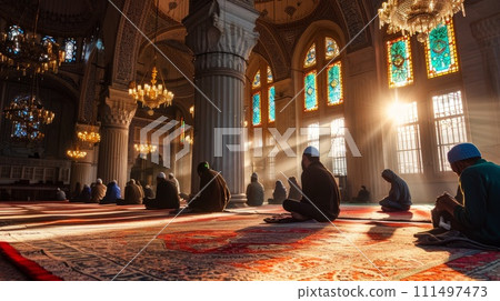 Religious muslim people praying in the mosque. Salah, worship and pray with islamic friends 111497473