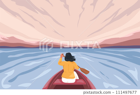Girl traveling and traveling on boat on river Girl traveling and traveling on boat on river 111497677