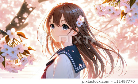 A portrait of a cute high school girl with a smiling face looking back at her with cherry blossoms in full bloom in the background. AI images. A portrait of a cute high school girl with a smiling face looking back at her with cherry blossoms in full bloom in the background. AI images. 111497770