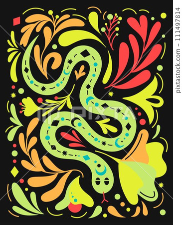Mystical serpent illustration in hand drawn boho style with floral elements. Fantasy concept mythical creature, esoteric elements. Perfect for tarot cards, posters, t-shirt graphic. Ethnic magic, neon Mystical serpent illustration in hand drawn boho style with floral elements. Fantasy concept mythical creature, esoteric elements. Perfect for tarot cards, posters, t-shirt graphic. Ethnic magic, neon 111497814