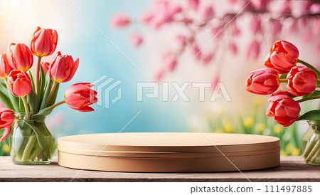 Podium for demonstration, display and montage of product, cosmetic with bright tulips spring decor. Spring time background, blooming, birthday, March 8, Easter, women's day. Copy space. AI generated 111497885