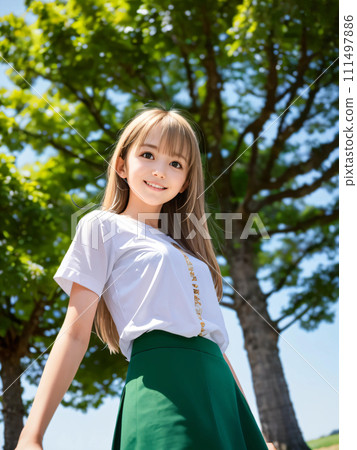 綠色田野裡，微笑的年輕女子身後有一棵大樹 111497886