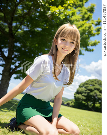 綠色田野裡，微笑的年輕女子身後有一棵大樹 111497887