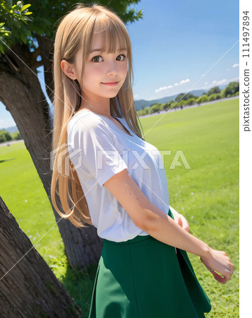 綠色田野裡,微笑的年輕女子身後有一棵大樹 綠色田野裡,微笑的年輕女子身後有一棵大樹 111497894