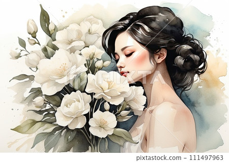 The watercolor silhouette of asian woman with delicate white spring flowers in her hair is spring and summer portrait. Freedom, femininity, wedding, Barber, bride. AI generated 111497963