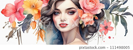 The watercolor silhouette of a Caucasian woman with delicate spring flowers in her hair is spring and summer portrait. Freedom, femininity, wedding, Barber, bride. AI generated The watercolor silhouette of a Caucasian woman with delicate spring flowers in her hair is spring and summer portrait. Freedom, femininity, wedding, Barber, bride. AI generated 111498005