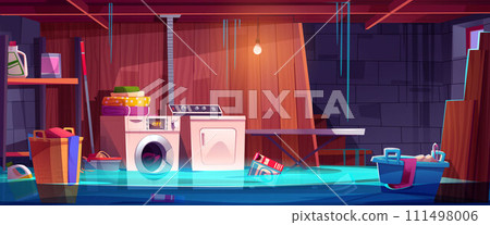 Flooded house basement room with laundry equipment Flooded house basement room with laundry equipment 111498006