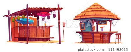 Beach tiki bar with surfboard. 111498013