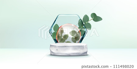 Stone product podium with green eucalyptus leaves 111498020