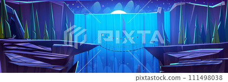 Rope bridge between edges of cliff near waterfall 111498038