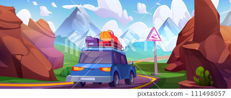 Car with luggage on roof driving road in mountains Car with luggage on roof driving road in mountains 111498057