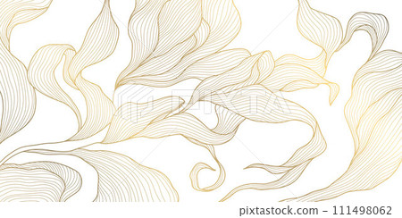 Vector gold leaf background pattern, floral abstract luxury art deco design. Premium elegant jungle line illustration. Fancy tropic summer ornament. Vector gold leaf background pattern, floral abstract luxury art deco design. Premium elegant jungle line illustration. Fancy tropic summer ornament. 111498062