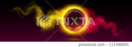 Neon ring in clouds of pink and yellow smoke 111498065