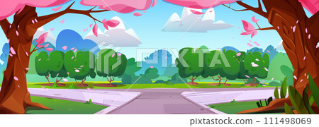 City public park with pathway, pink flowering tree 111498069