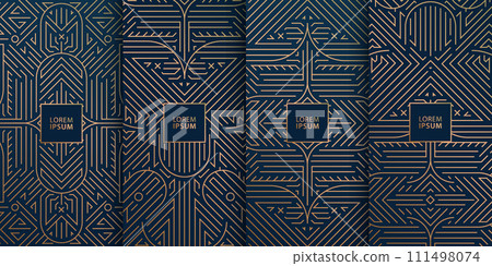 Vector set of art deco line geometric backgrounds, wine, box, chocolate, labels design. Premium black and golden gatsby ornament. Vector set of art deco line geometric backgrounds, wine, box, chocolate, labels design. Premium black and golden gatsby ornament. 111498074