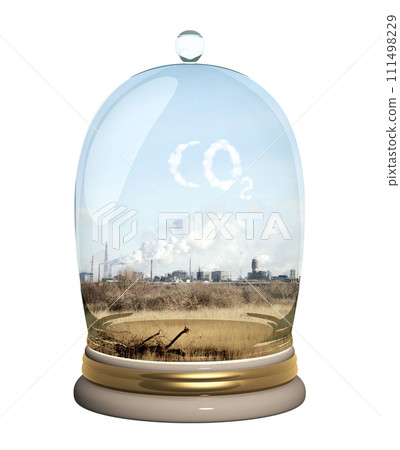 Environmental pollution, net CO2 footprint neutralize development. Glass protective cap catching factory harmful cloud. Ecology and conservation protection concept. Isolated on white. 3d render Environmental pollution, net CO2 footprint neutralize development. Glass protective cap catching factory harmful cloud. Ecology and conservation protection concept. Isolated on white. 3d render 111498229