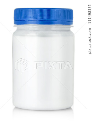White jar with blue cap without label isolated on a white background White jar with blue cap without label isolated on a white background 111498385
