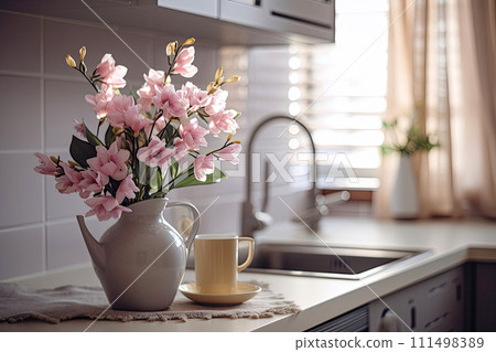 Spring interior of a modern kitchen with bouquets of flowers - spring time, spring mood. AI generated Spring interior of a modern kitchen with bouquets of flowers - spring time, spring mood. AI generated 111498389