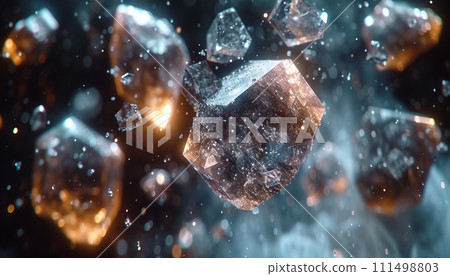 Geometric crystals emerge from a smoky abyss, shimmering with an internal golden light. 111498803