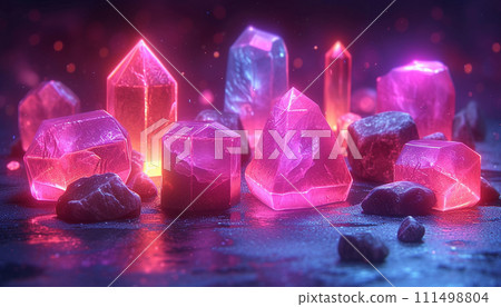 Glowing pink crystals on a dark surface, exuding an otherworldly neon luminescence. Glowing pink crystals on a dark surface, exuding an otherworldly neon luminescence. 111498804