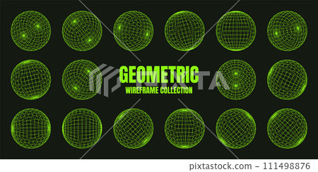 Wireframe shapes, lined sphere. Perspective mesh, 3d grid. Low poly geometric elements. Retro futuristic design elements, y2k, vaporwave and synthwave style. Vector illustration Wireframe shapes, lined sphere. Perspective mesh, 3d grid. Low poly geometric elements. Retro futuristic design elements, y2k, vaporwave and synthwave style. Vector illustration 111498876