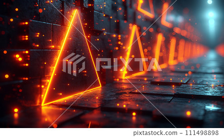 Abstract 3D shapes with neon lights. Futuristic neon triangle patterns on a dark, wet street surface. Abstract 3D shapes with neon lights. Futuristic neon triangle patterns on a dark, wet street surface. 111498898
