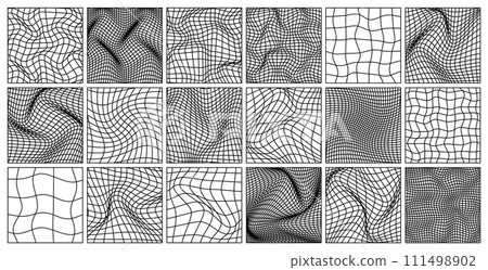 Wireframe shapes, lined perspective mesh, 3d grid. Low poly geometric elements. Retro futuristic design elements, y2k, vaporwave and synthwave style. Vector illustration 111498902