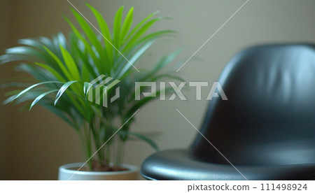 A sleek, modern black office chair beside a vibrant green potted plant, set in a minimalist interior with soft lighting 111498924