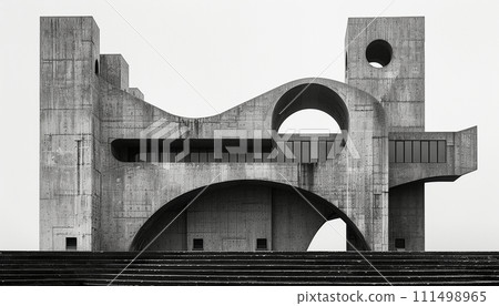 A complex brutalist structure with bold geometric shapes and circular voids, creating a dramatic silhouette. 111498965