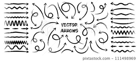 Grunge hand drawn arrows, highlighter lines. Marker stroke, brush pen drawn underline. Handwritten text pointers, notes, marks. Vector illustration Grunge hand drawn arrows, highlighter lines. Marker stroke, brush pen drawn underline. Handwritten text pointers, notes, marks. Vector illustration 111498969