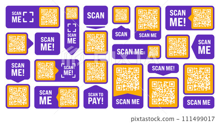 Scan me QR code sticker. Online payment. Special offer sale stickers, shopping discount label or promotional badge. Serial number, product ID. Supermarket retail label, price tag. Vector illustration 111499017