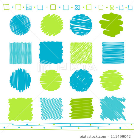Collection of  scribbled circular and square elements with hand drawn style of green and blue color. Set of doodle decor. Simple sketch line style of round and squared form. Vector illustration EPS8 111499042