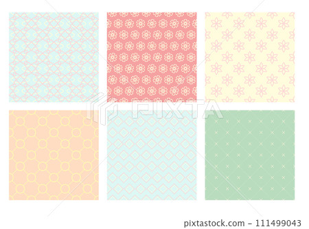 Set of seamless patterns of blue, ivory, pink and green color. Childish style tiling pattern collection. Endless texture can be used for pattern fills, web page background, fabric texture. Vector EPS8 111499043