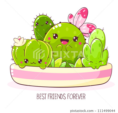 Cute cartoon cactus in flowerpot. Tiny cacti in kawaii style in flower pot. Inscription Best friends forever. Vector illustration EPS8 111499044