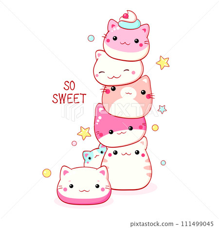 Stack of traditional Chinese animal-shaped mantou buns. Cute cat-shaped dessert in kawaii style. Inscription So sweet. Can be used for t-shirt print, sticker, greeting card. Vector illustration EPS8 111499045