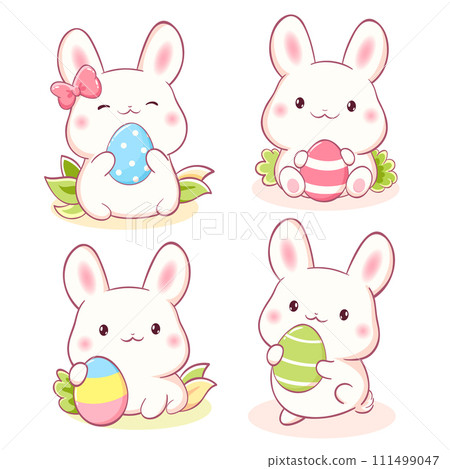 Set of little bunny in kawaii style. Tiny baby rabbits with Easter eggs. Cute Easter rabbit collection. Can be used for t-shirt print, sticker, greeting card. Vector illustration EPS8 Set of little bunny in kawaii style. Tiny baby rabbits with Easter eggs. Cute Easter rabbit collection. Can be used for t-shirt print, sticker, greeting card. Vector illustration EPS8 111499047