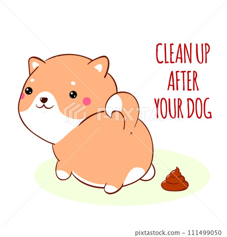 Clean up after your dog. Cute little shiba inu and her excrement. Cleaning up dog droppings. Vector illustration EPS8 111499050