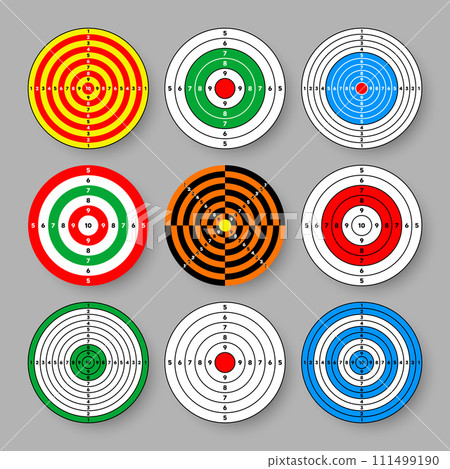 Shooting range paper targets. Round target with divisions, marks and numbers. Archery, gun shooting practise and training, sport competition and hunting. Bullseye and aim. Vector illustration 111499190
