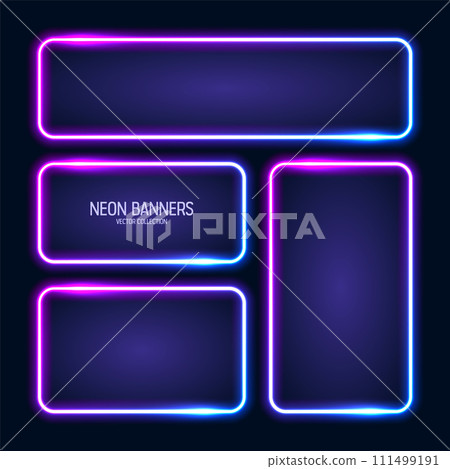 Glowing neon banners, illuminated colorful square frames. Shiny vibrant border, glow effect. Blue vintage retro lights, night illumination. Modern futuristic UI design elements. Vector illustration 111499191