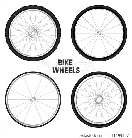 Realistic 3d bicycle wheels. Bike rubber tyres, shiny metal spokes and rims. Fitness cycle, touring, sport, road and mountain bike. Vector illustration Realistic 3d bicycle wheels. Bike rubber tyres, shiny metal spokes and rims. Fitness cycle, touring, sport, road and mountain bike. Vector illustration 111499197