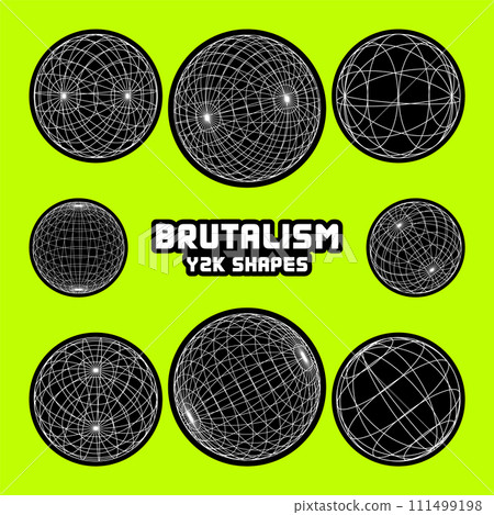 Wireframe shapes, lined sphere. Perspective mesh, 3d grid. Modern trendy low poly geometric elements. Retro futuristic design elements, y2k, vaporwave and synthwave style. Vector illustration Wireframe shapes, lined sphere. Perspective mesh, 3d grid. Modern trendy low poly geometric elements. Retro futuristic design elements, y2k, vaporwave and synthwave style. Vector illustration 111499198