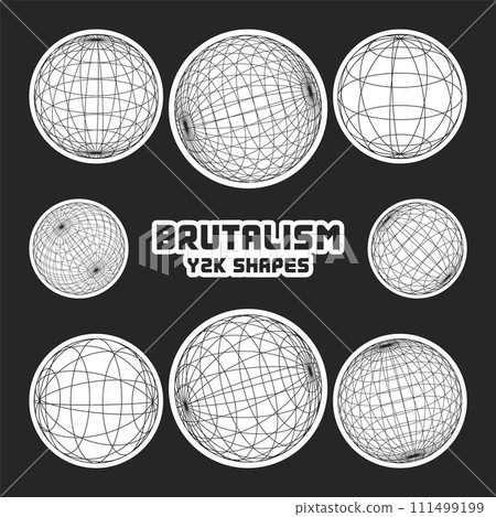 Wireframe shapes, lined sphere. Perspective mesh, 3d grid. Modern trendy low poly geometric elements. Retro futuristic design elements, y2k, vaporwave and synthwave style. Vector illustration Wireframe shapes, lined sphere. Perspective mesh, 3d grid. Modern trendy low poly geometric elements. Retro futuristic design elements, y2k, vaporwave and synthwave style. Vector illustration 111499199