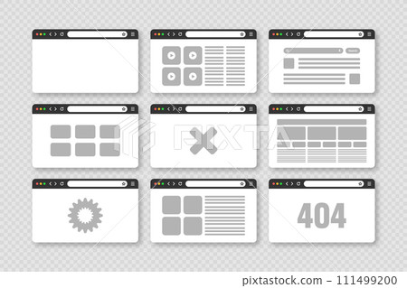Web browser window, pages layout with toolbar and search field. Modern website, internet page in flat style. Browser mockup for computer, tablet and smartphone. Adaptive UI. Vector illustration Web browser window, pages layout with toolbar and search field. Modern website, internet page in flat style. Browser mockup for computer, tablet and smartphone. Adaptive UI. Vector illustration 111499200