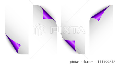 Set of violet paper curls. Curled page corner with shadow. Blank sheet of paper. Colorful shiny foil. Design element for advertising and promotion. Vector illustration. 111499212
