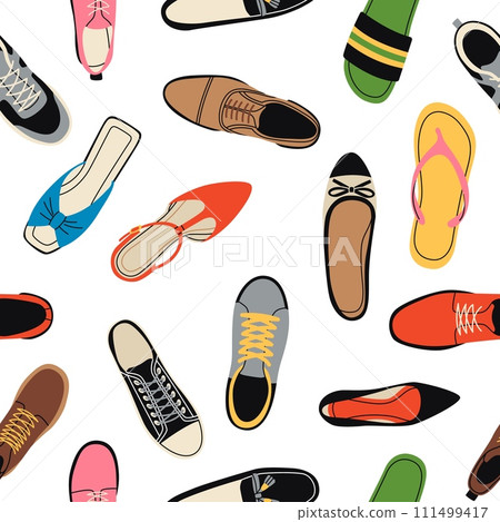 Female and male shoes seamless pattern. Different types of modern footwear, boots, sneakers, pumps, flip flops. Decor textile, wrapping paper, wallpaper design. Tidy vector background 111499417