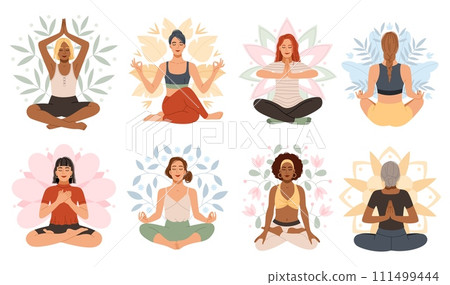 Happy meditate women. Yoga lotus position, sitting in asana, relaxed ladies, different auras elements, mandala leaves and flowers, peaceful cartoon flat style isolated tidy vector set Happy meditate women. Yoga lotus position, sitting in asana, relaxed ladies, different auras elements, mandala leaves and flowers, peaceful cartoon flat style isolated tidy vector set 111499444