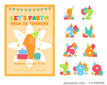 Kids anniversary numbers. Childish font design, birthday party decor with gift boxes, cartoon funny letters, baby holiday card design, cartoon flat style isolated vector doodle set Kids anniversary numbers. Childish font design, birthday party decor with gift boxes, cartoon funny letters, baby holiday card design, cartoon flat style isolated vector doodle set 111499480